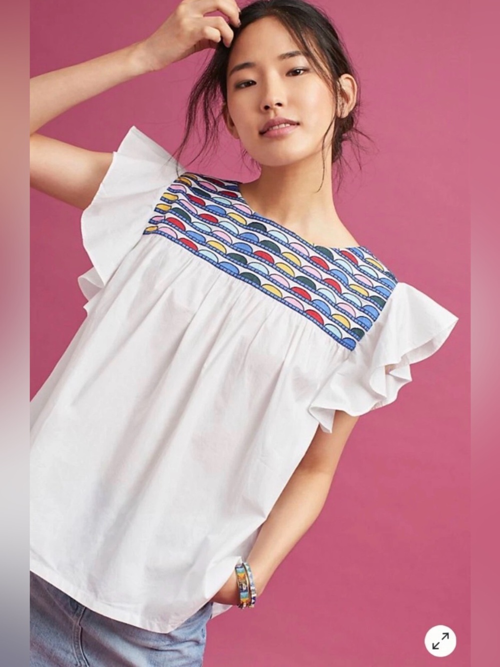WHIT TWO Anthropologie Embroidered Flutter Sleeve Top White Rainbow Yoke Size LP - Picture 16 of 16